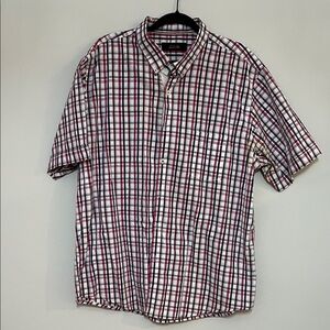 Tasso Elba Red Navy White Plaid Button-Down Collared Shirt 100%Cotton